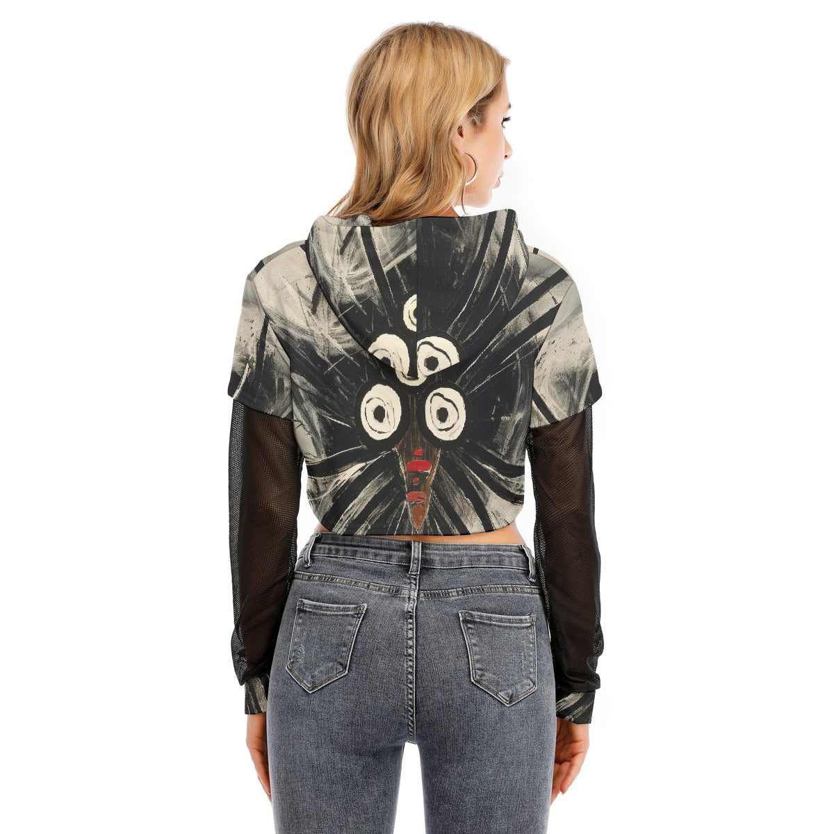 All-Over Print Women's Fake Two-piece Mesh Sleeve Cropped Hoodie