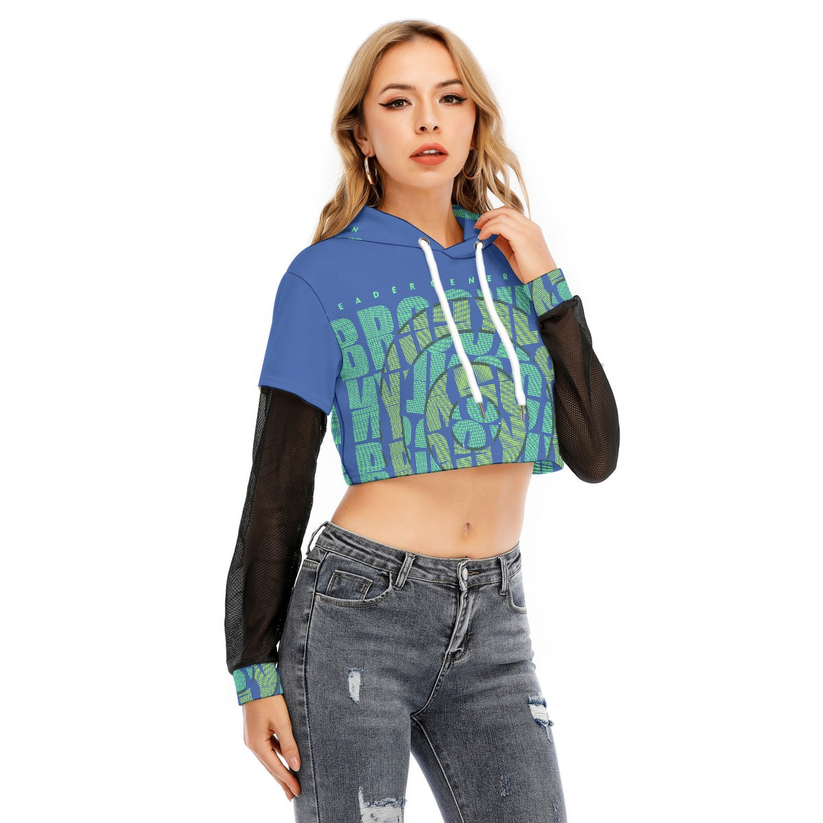 All-Over Print Women's Fake Two-piece Mesh Sleeve Cropped Hoodie