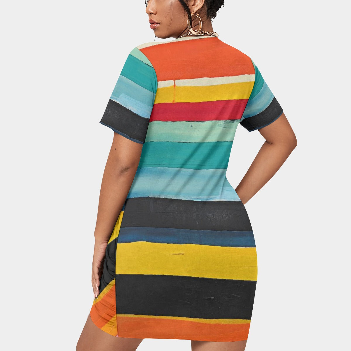 All-Over Print Women’s Stacked Hem Dress With Short Sleeve（Plus Size）