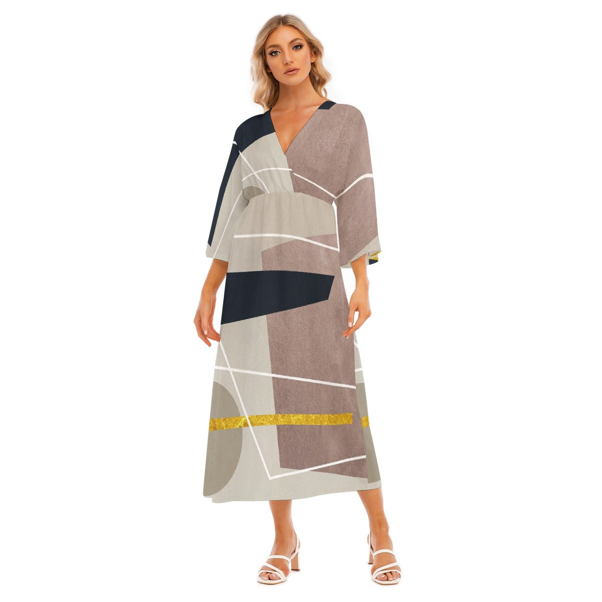 All-Over Print Women's Mid-Sleeve Long Dress