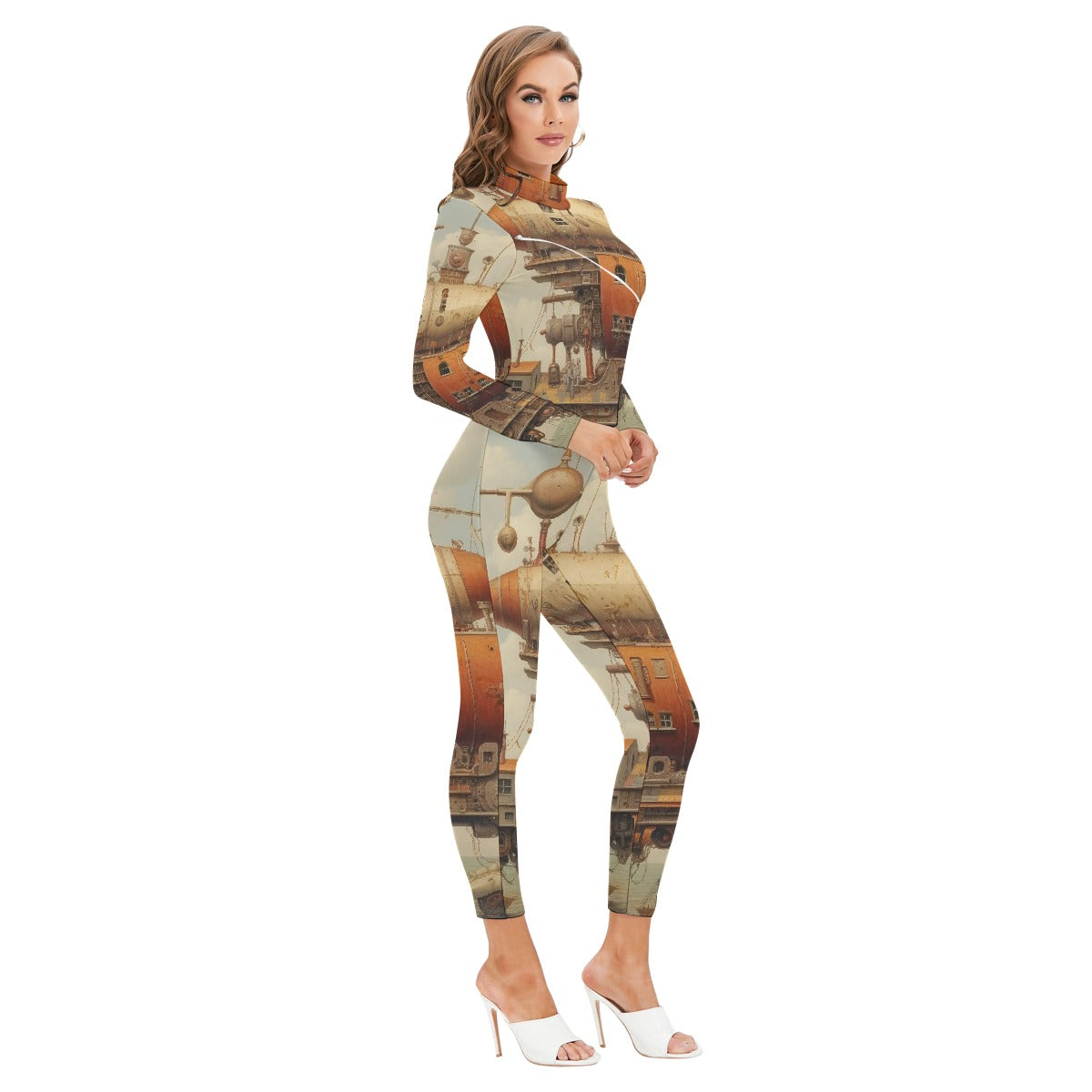 All-Over Print Women's Long-sleeved High-neck Jumpsuit With Zipper