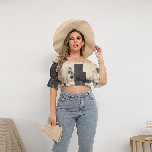 All-Over Print Women's Off-shoulder Cropped Top With Short Puff Sleeve