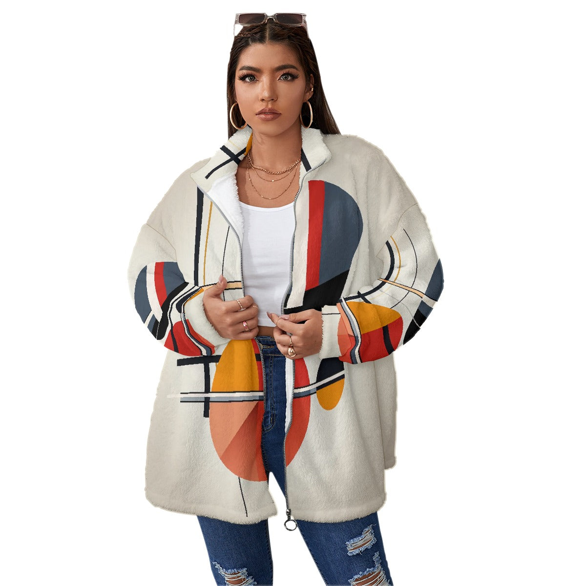 All-Over Print Unisex Borg Fleece Stand-up Collar Coat With Zipper Closure(Plus Size)