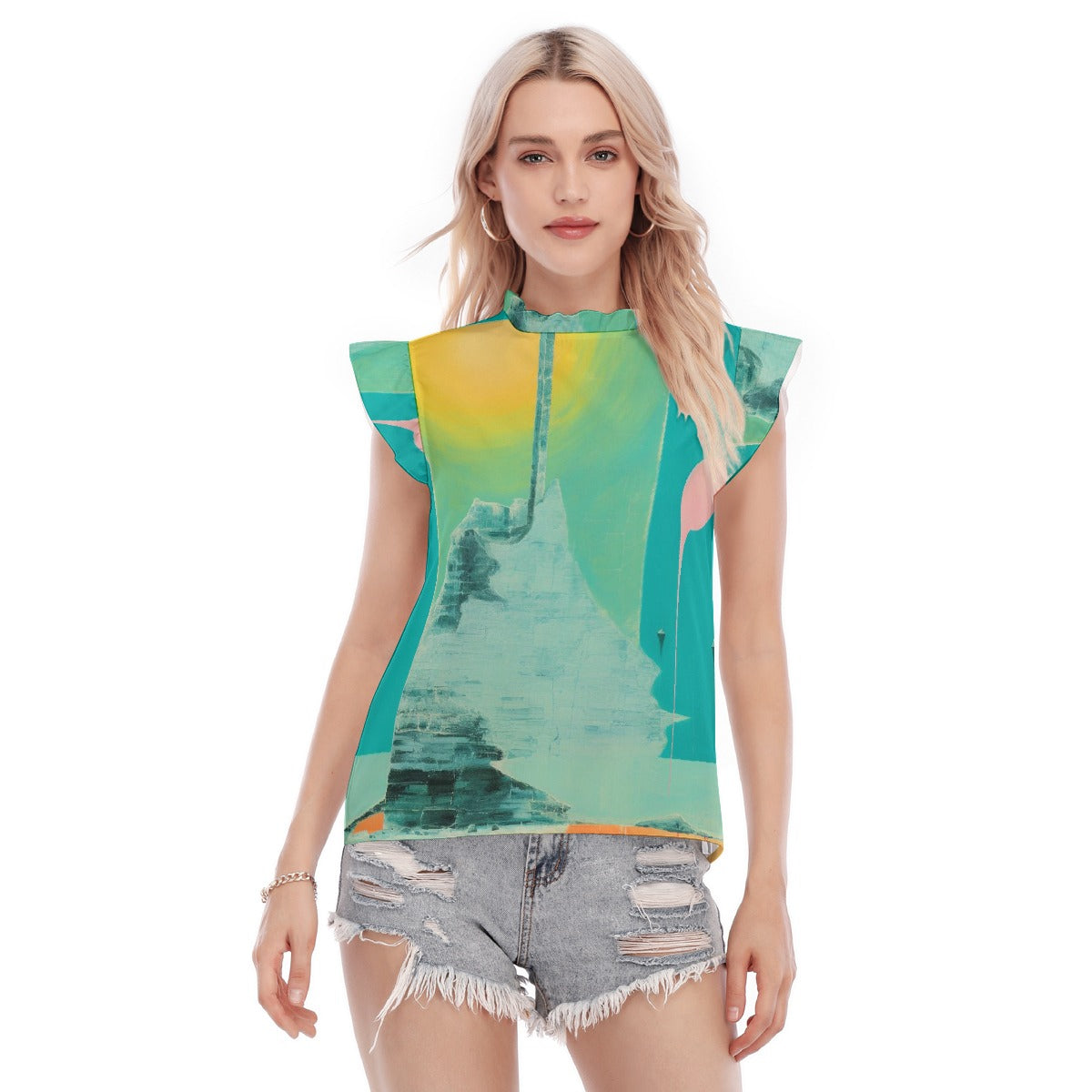 All-Over Print Women's Blouse With Ruffle Collar And Sleeve