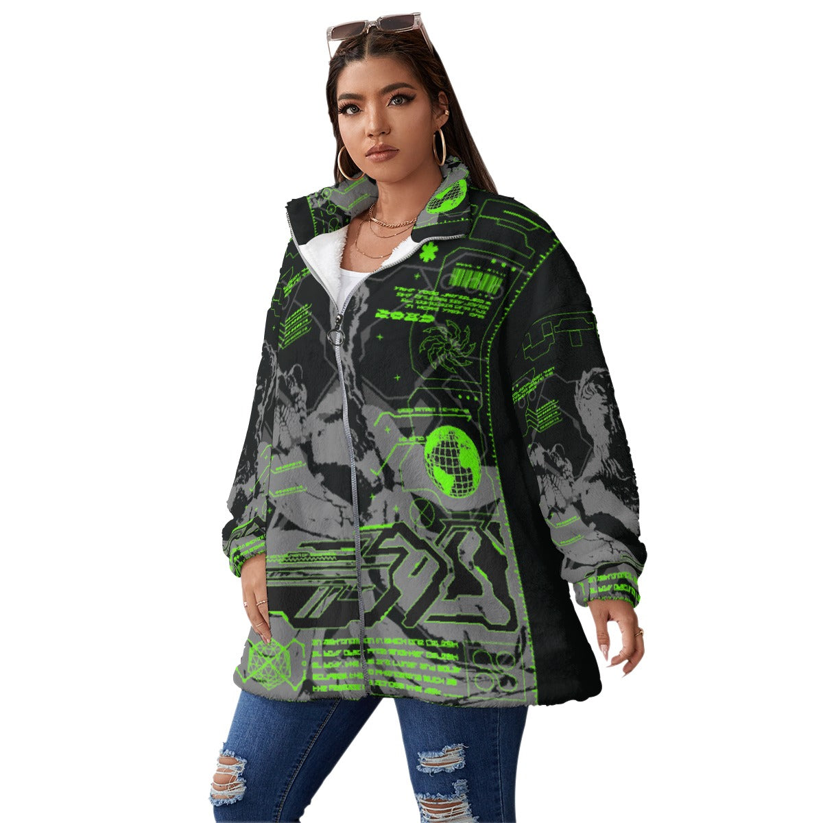 All-Over Print Unisex Borg Fleece Stand-up Collar Coat With Zipper Closure(Plus Size)