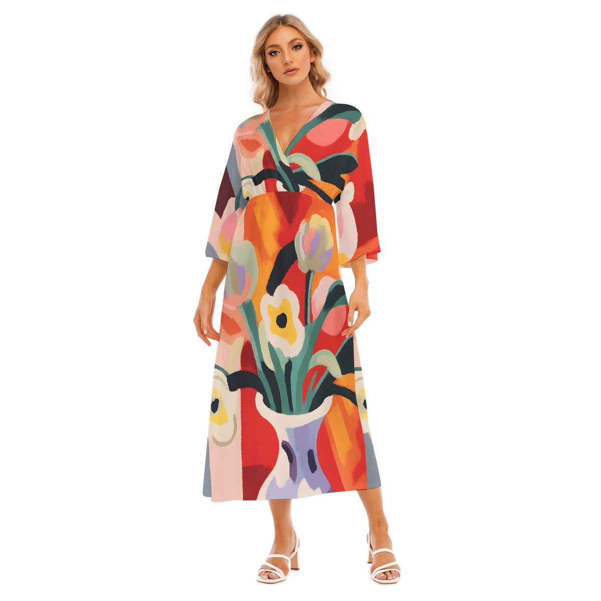 All-Over Print Women's Mid-Sleeve Long Dress