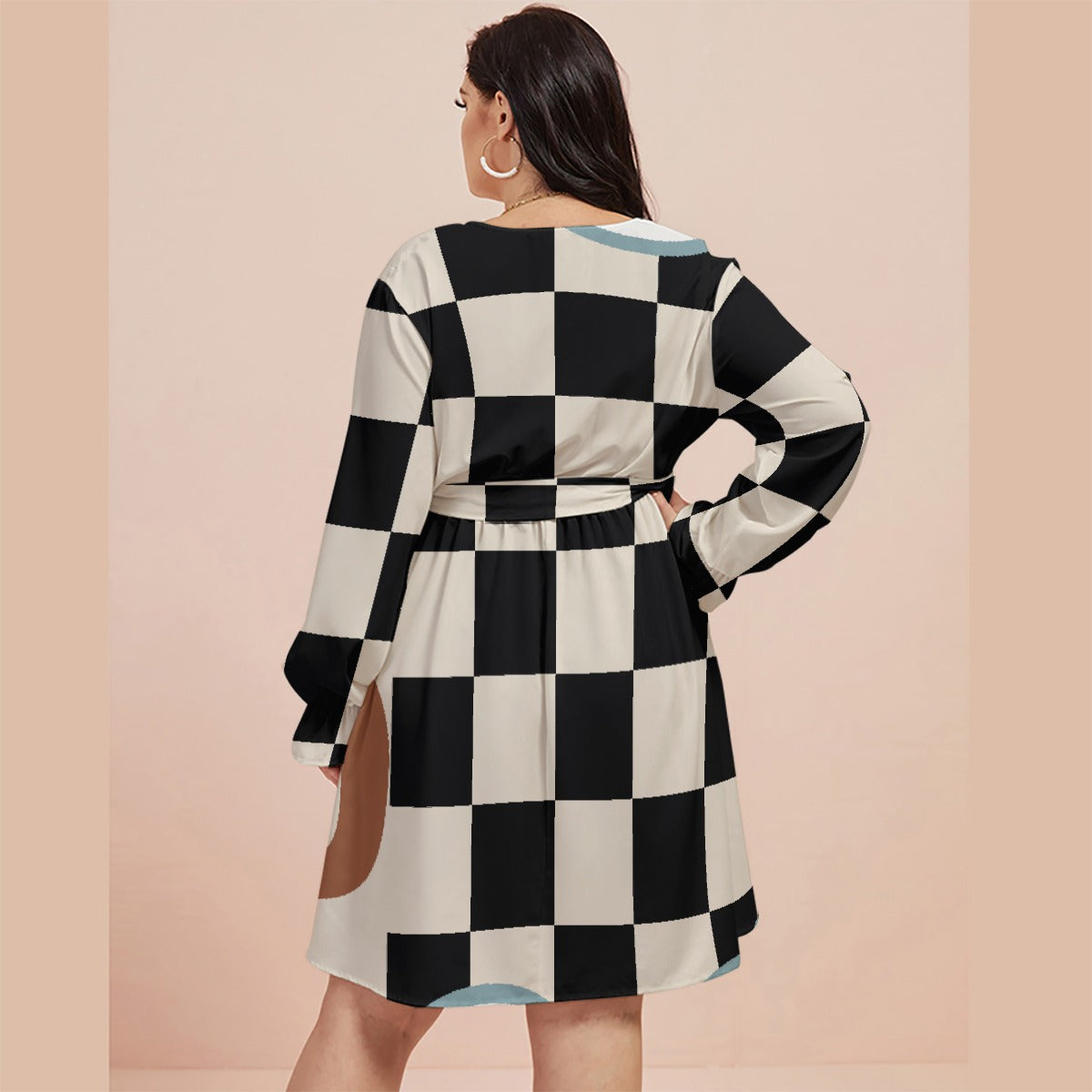 All-Over Print Women's V-neck Dress With Waistband(Plus Size)