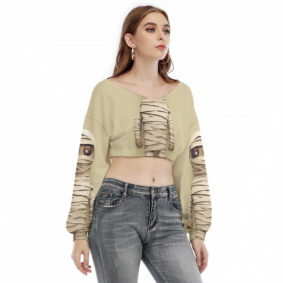 All-Over Print Women's V-neck Long Sleeve Cropped Sweatshirt