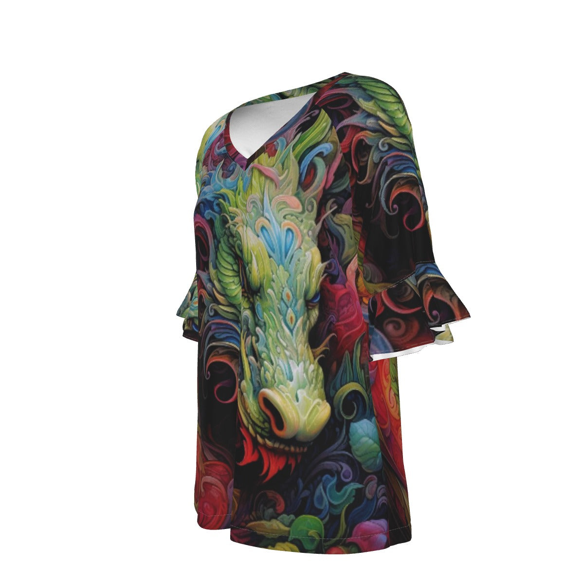 All-Over Print V-neck Women's T-shirt With Bell Sleeve