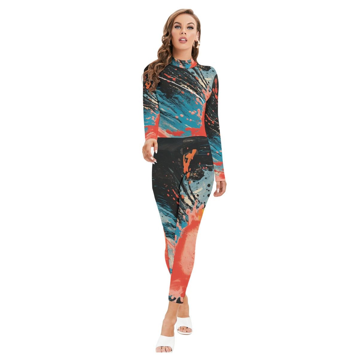 All-Over Print Women's Long-sleeved High-neck Jumpsuit With Zipper