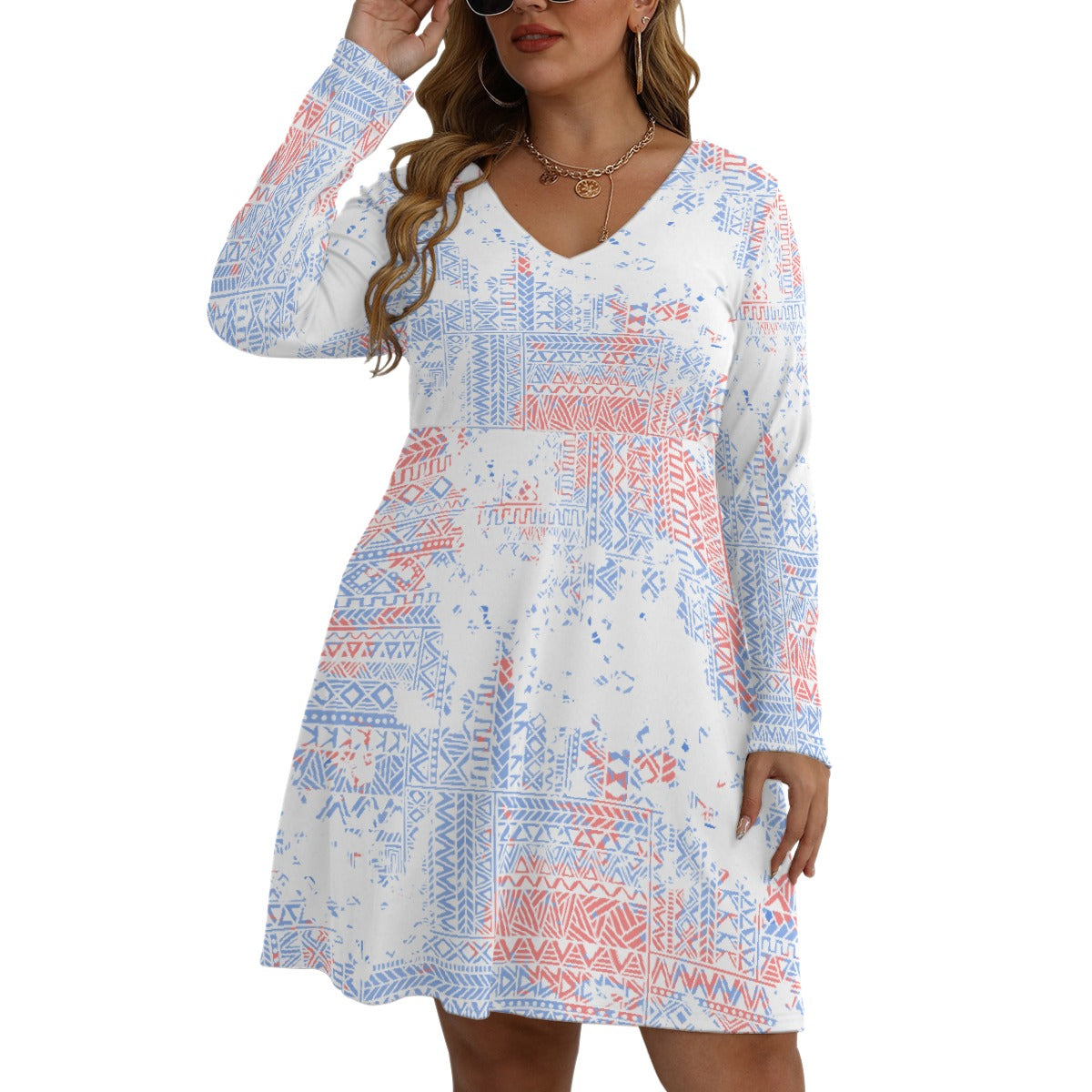 All-Over Print Women's V-neck Long Sleeve Dress(Plus Size)