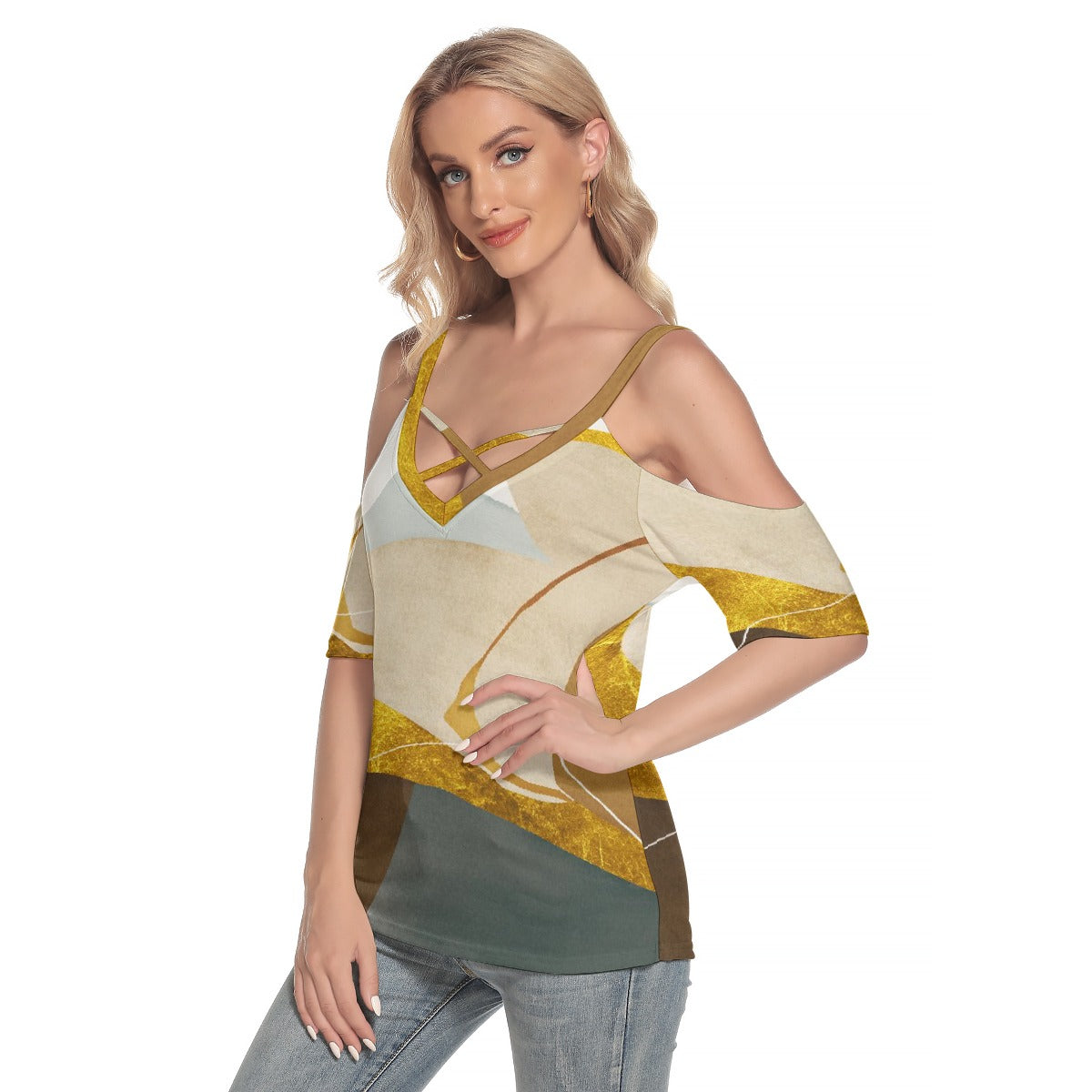 All-Over Print Women's Cold Shoulder T-shirt With Criss Cross Strips
