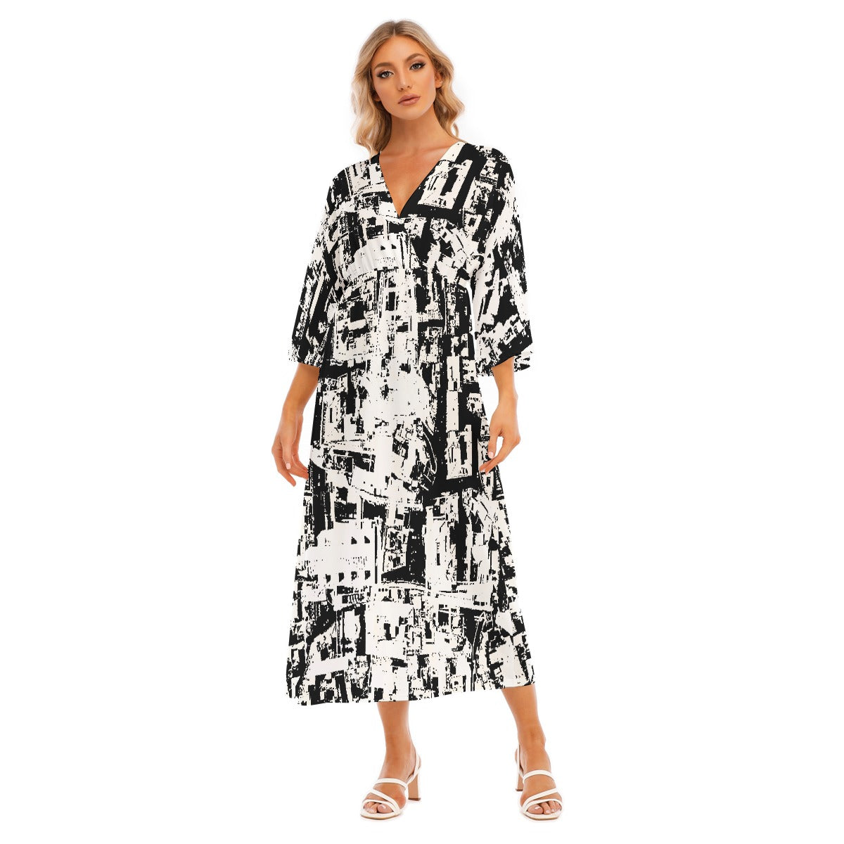 All-Over Print Women's Mid-Sleeve Long Dress