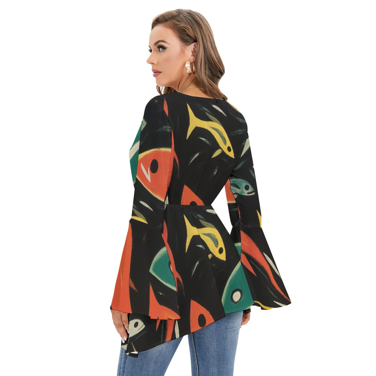 All-Over Print Women's V-neck Blouse With Flared Sleeves