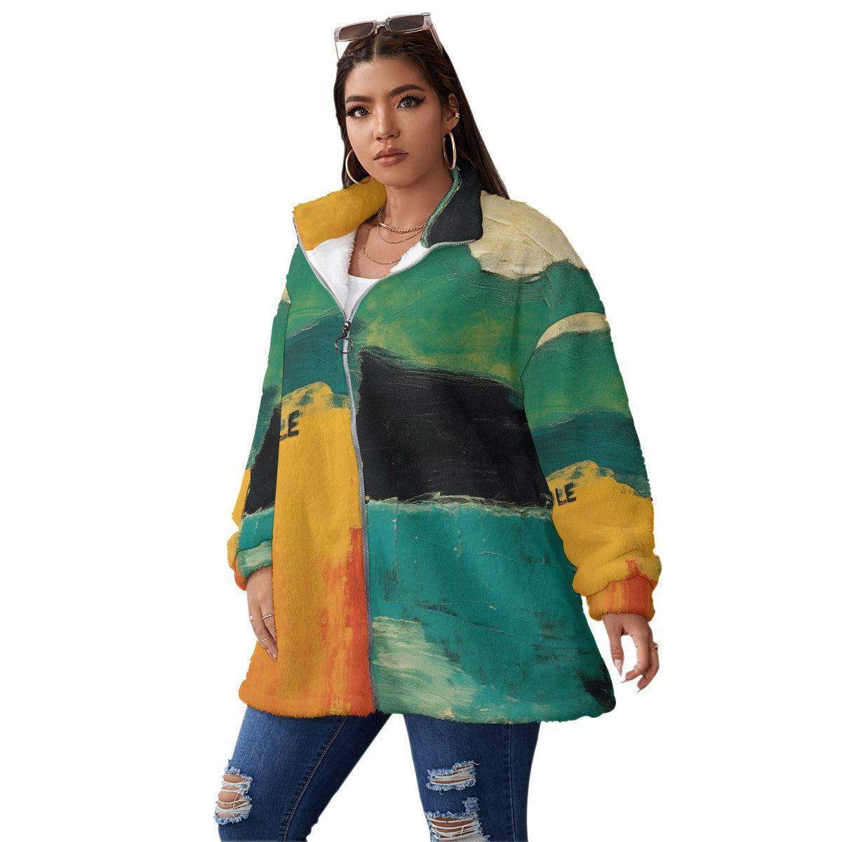 All-Over Print Unisex Borg Fleece Stand-up Collar Coat With Zipper Closure(Plus Size)