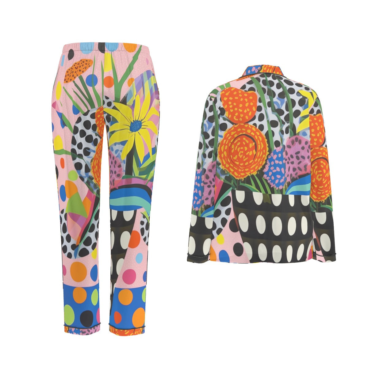 All-Over Print Women's Long Sleeve Pajama Set With Black Contrast Piping