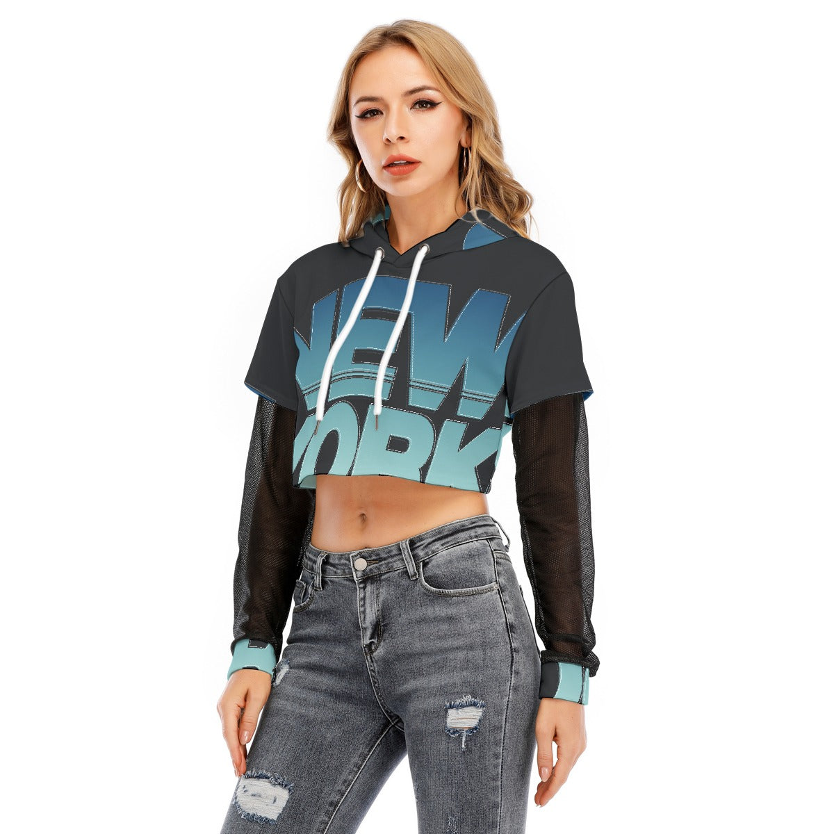 All-Over Print Women's Fake Two-piece Mesh Sleeve Cropped Hoodie