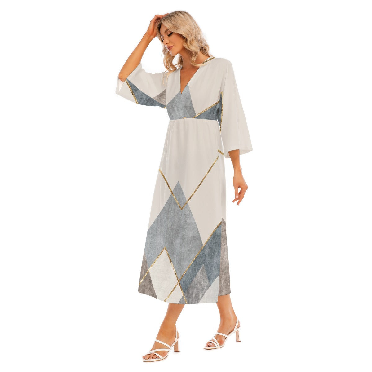 All-Over Print Women's Mid-Sleeve Long Dress