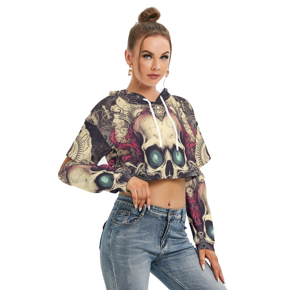 All-Over Print Women's Heavy Fleece Hoodie With Hollow Out Sleeve
