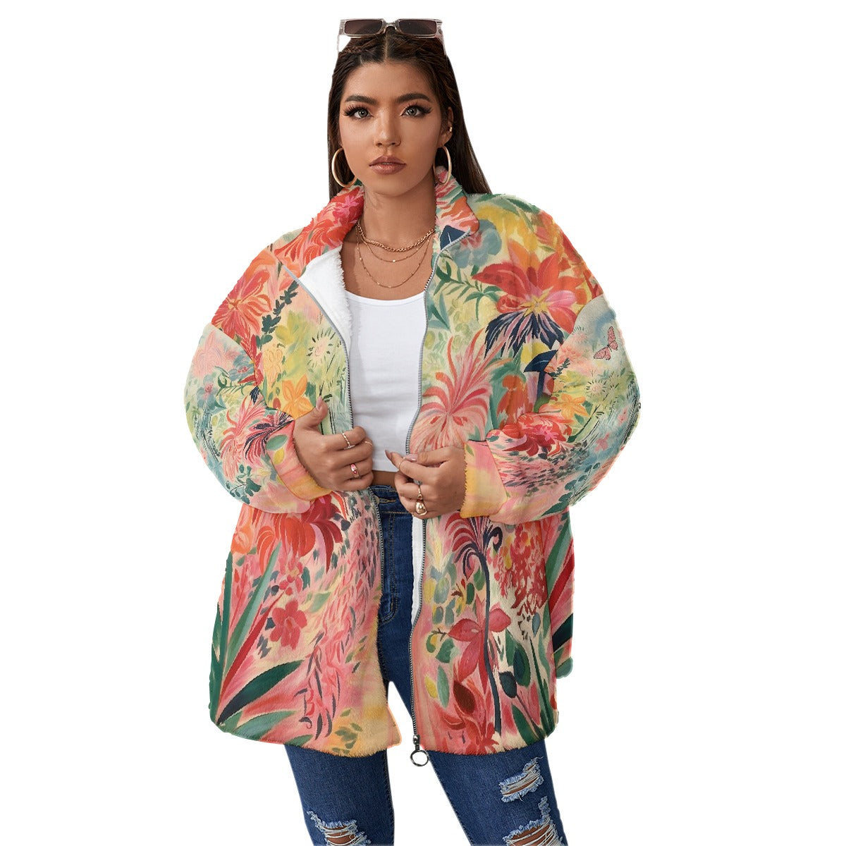 All-Over Print Unisex Borg Fleece Stand-up Collar Coat With Zipper Closure(Plus Size)