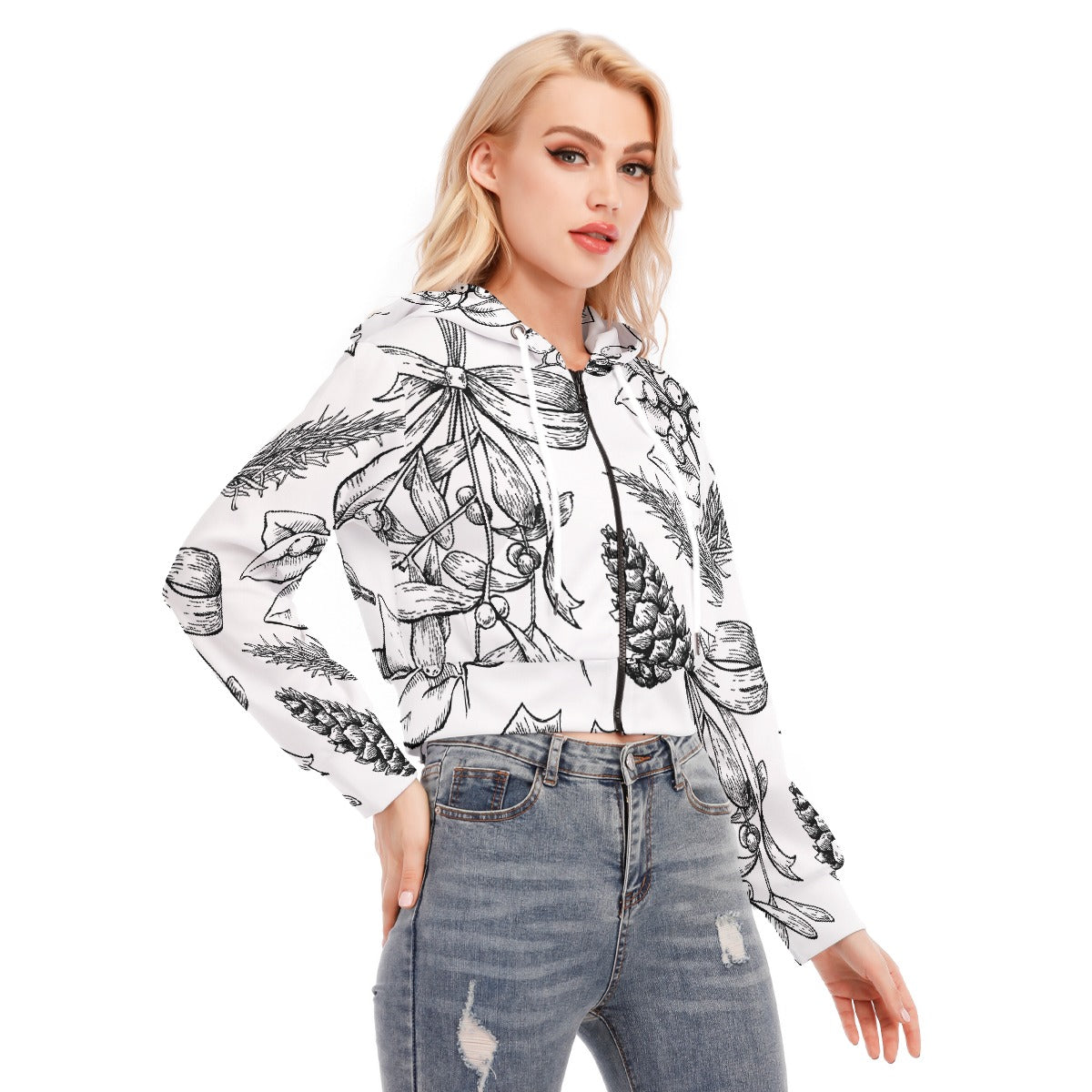 All-Over Print Women's Crop Top Hoodie With Zipper Closure