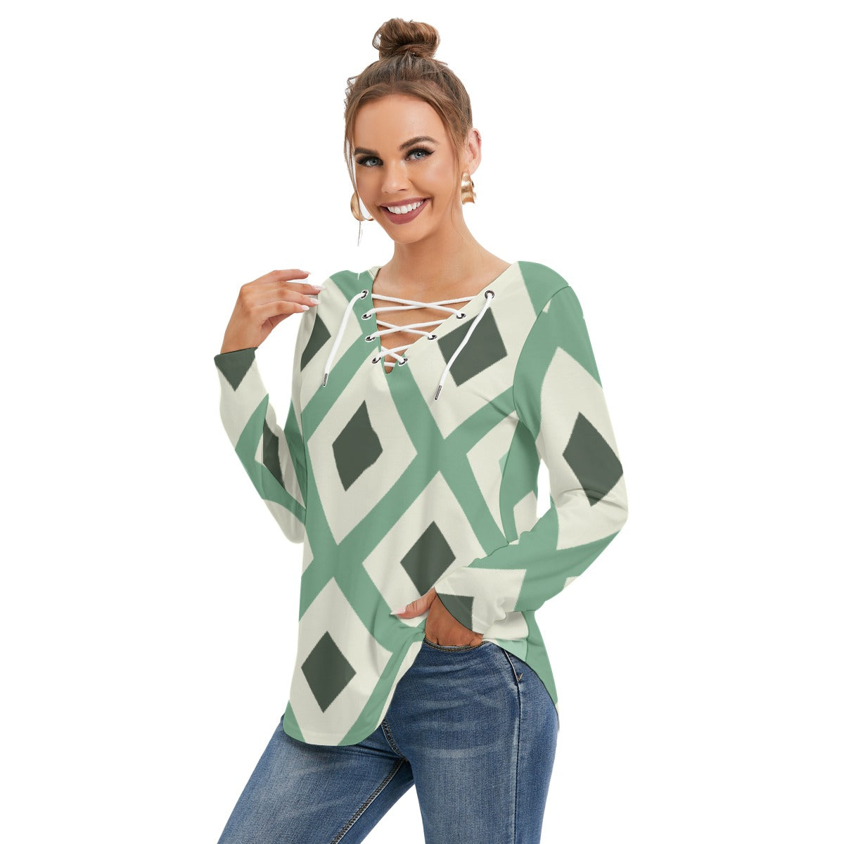 All-Over Print Women's Long Sleeve Neckline Tie Sweatshirt