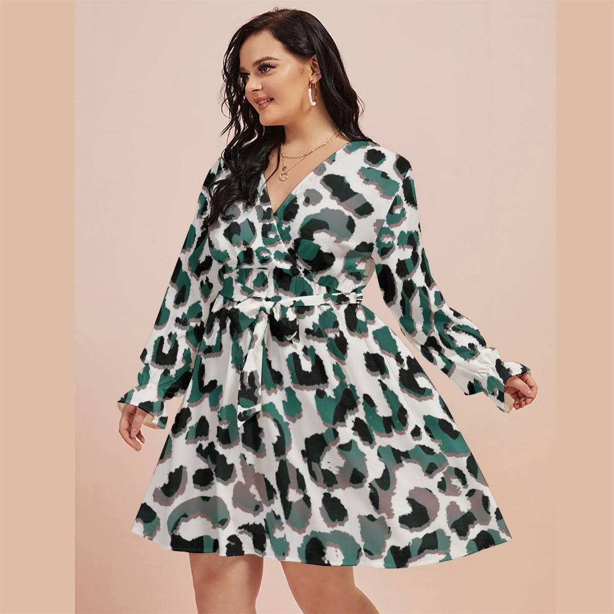 All-Over Print Women's V-neck Dress With Waistband(Plus Size)