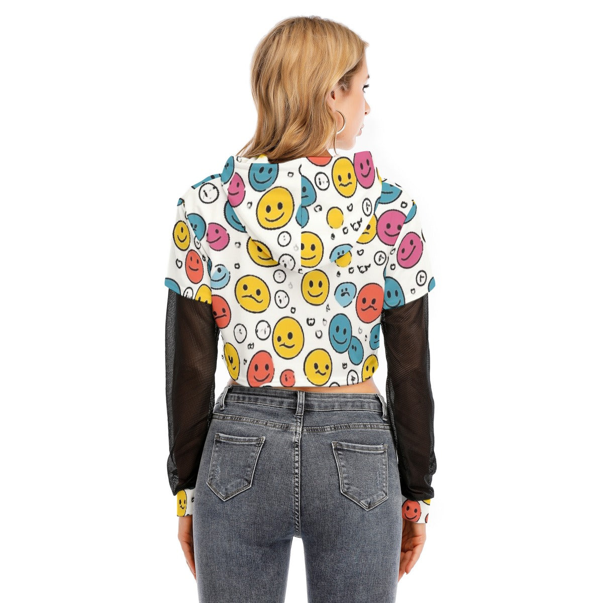 All-Over Print Women's Fake Two-piece Mesh Sleeve Cropped Hoodie