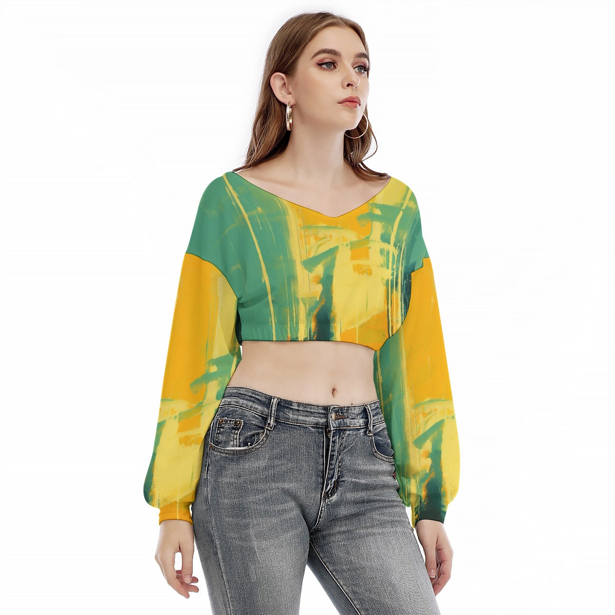 All-Over Print Women's V-neck Long Sleeve Cropped Sweatshirt