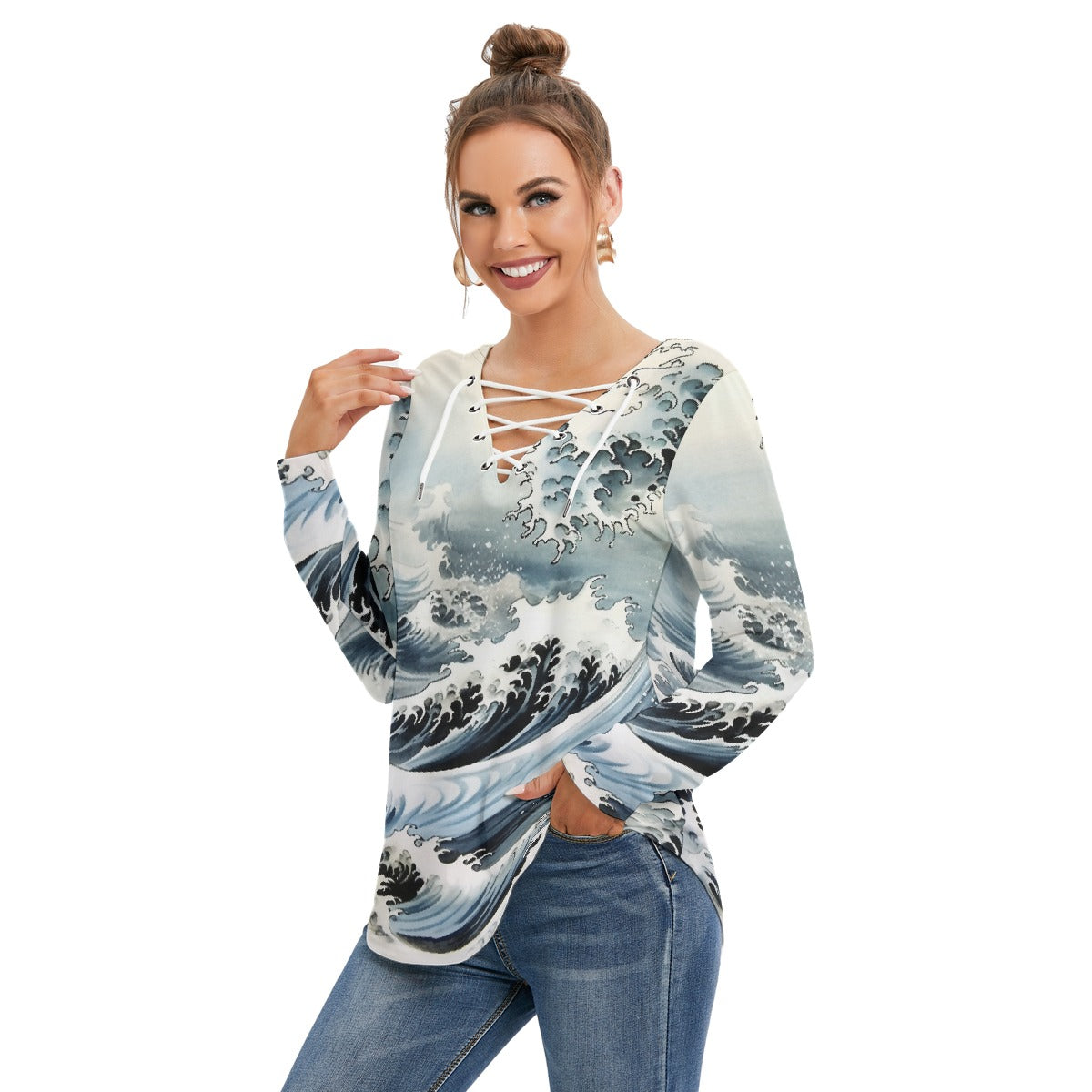 All-Over Print Women's Long Sleeve Neckline Tie Sweatshirt