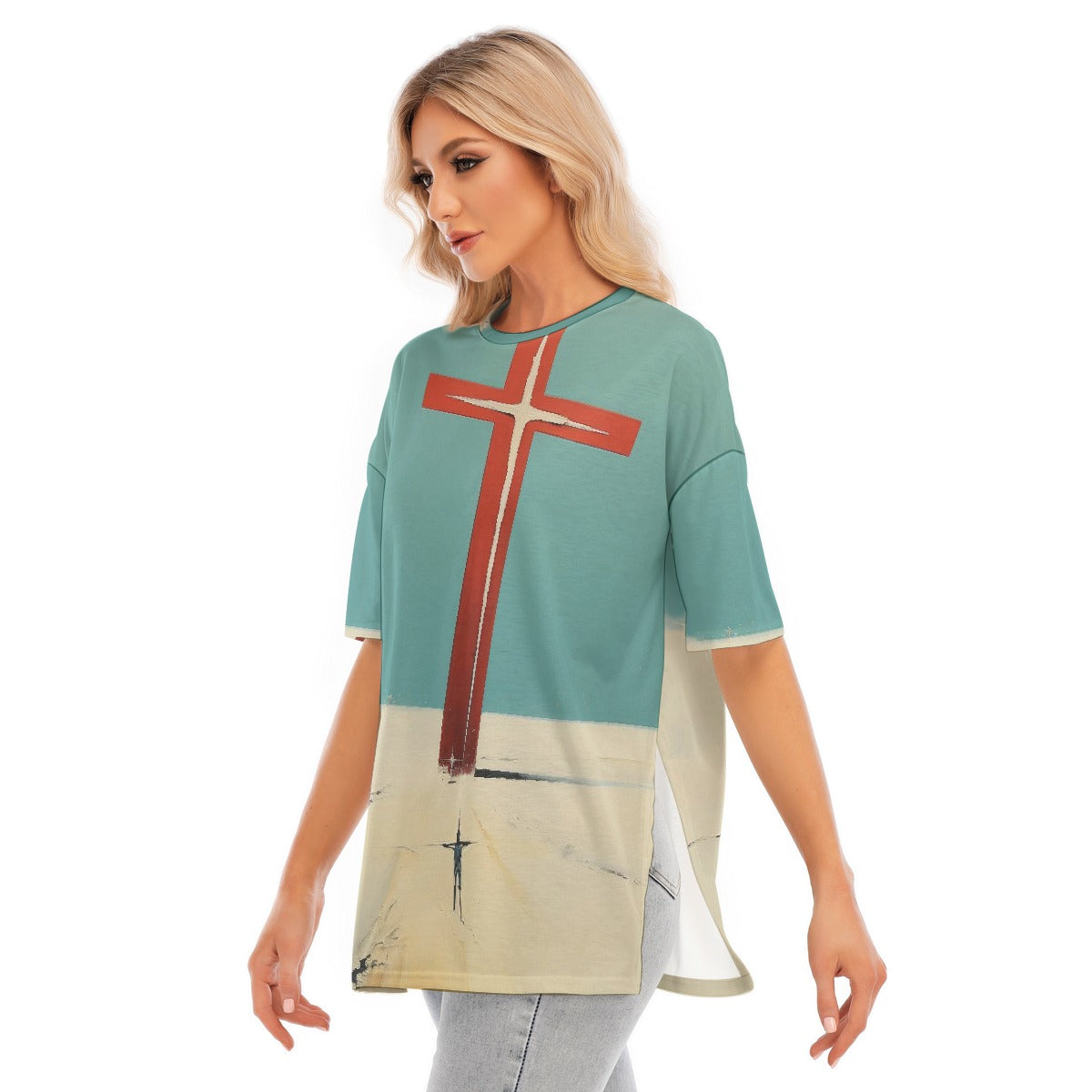 All-Over Print Women's Short Sleeves T-shirt With Hem Split