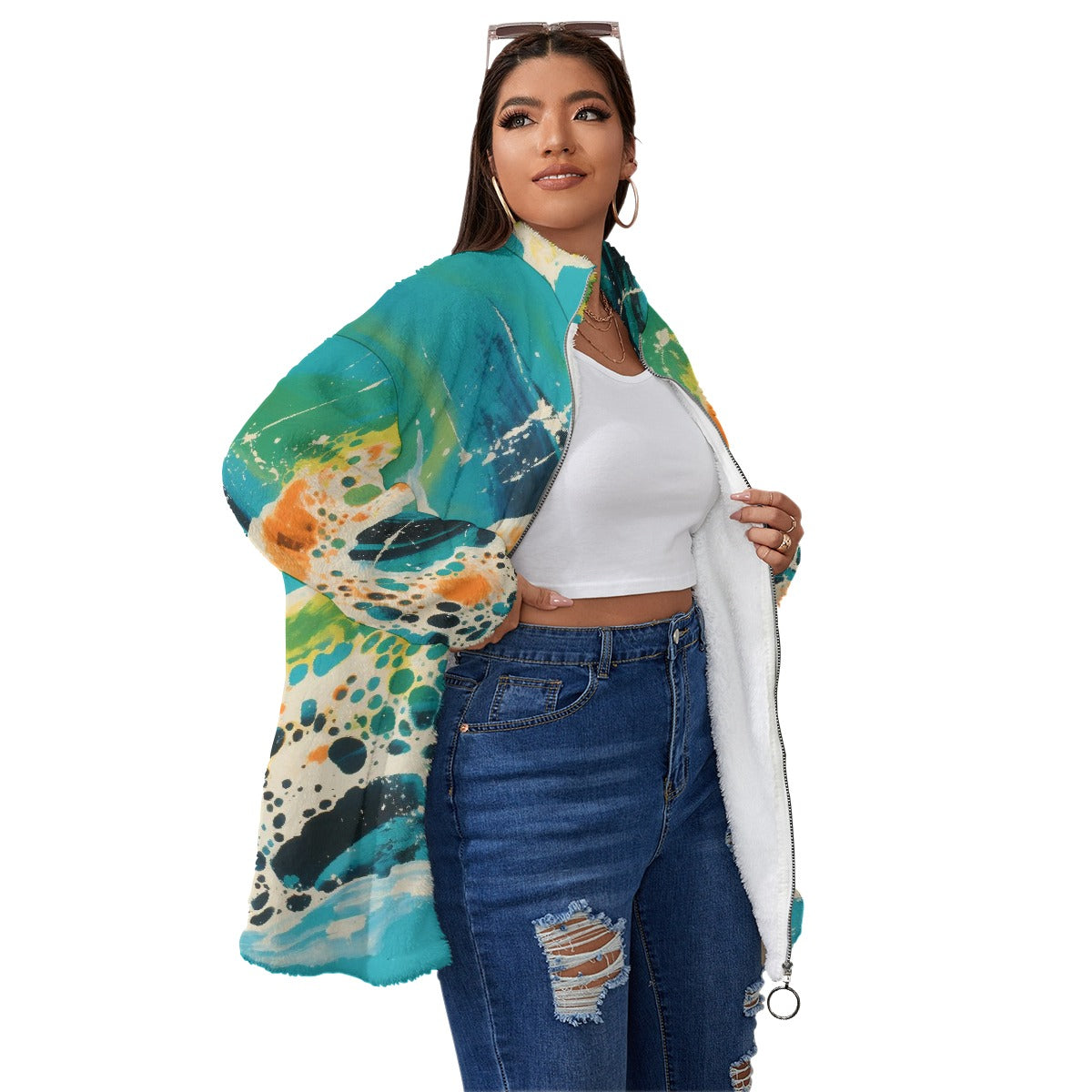 All-Over Print Unisex Borg Fleece Stand-up Collar Coat With Zipper Closure(Plus Size)