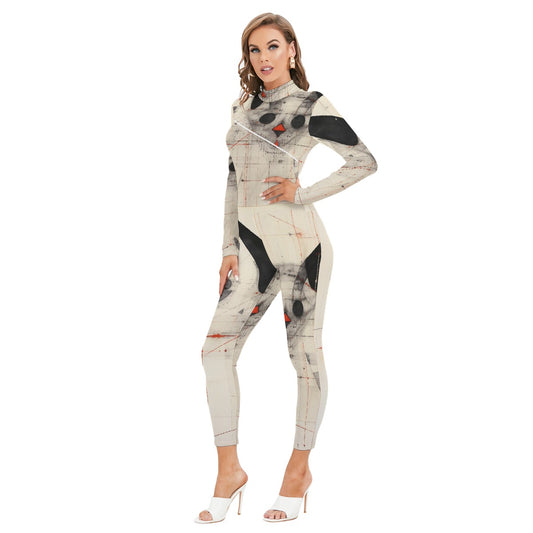 All-Over Print Women's Long-sleeved High-neck Jumpsuit With Zipper
