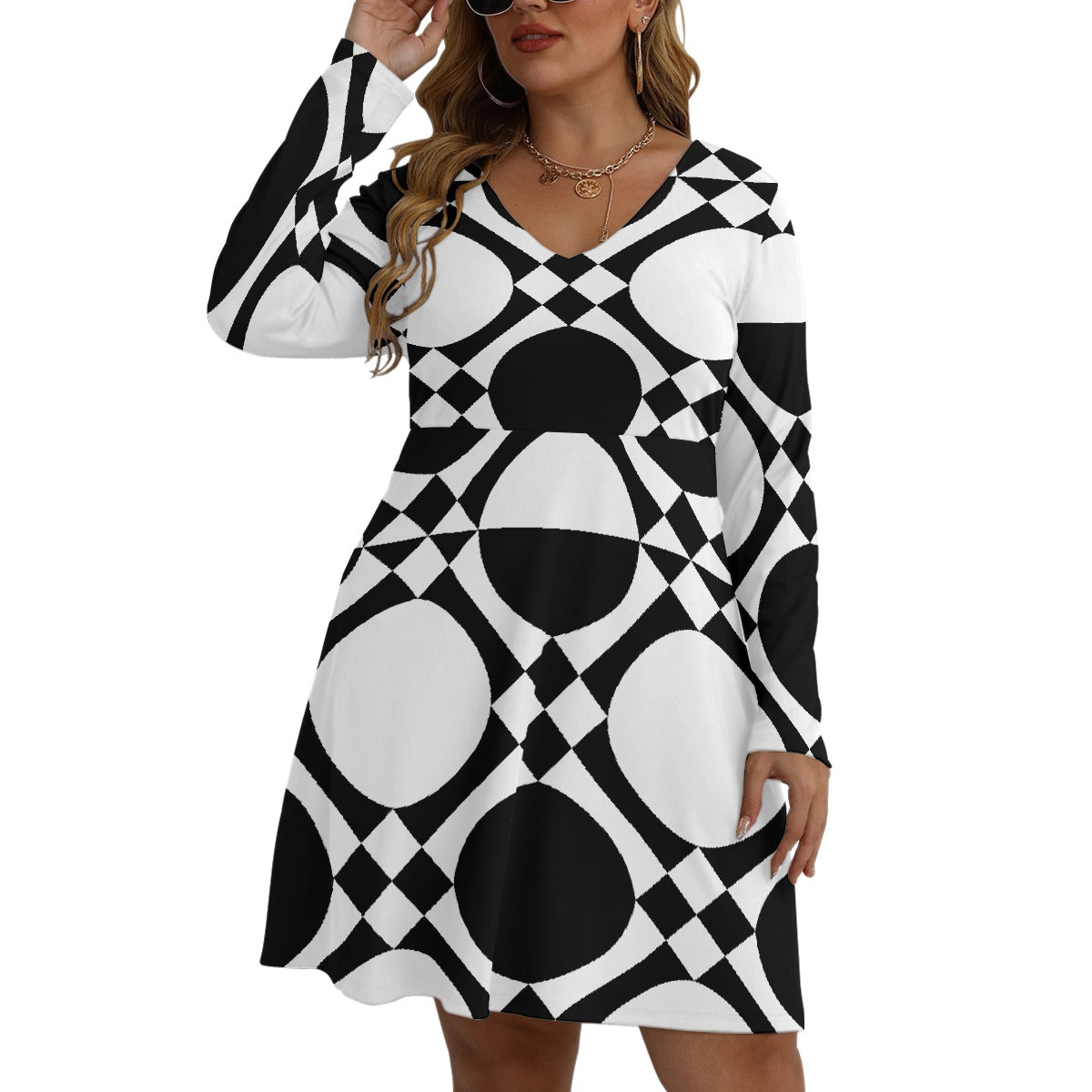 All-Over Print Women's V-neck Long Sleeve Dress(Plus Size)