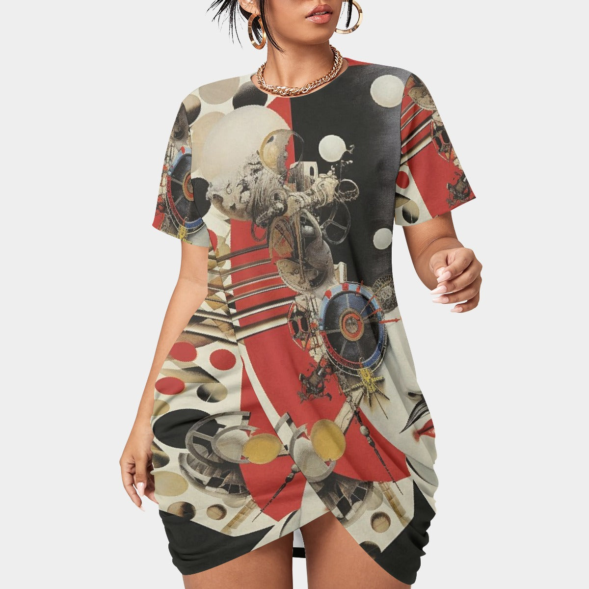 All-Over Print Women’s Stacked Hem Dress With Short Sleeve（Plus Size）