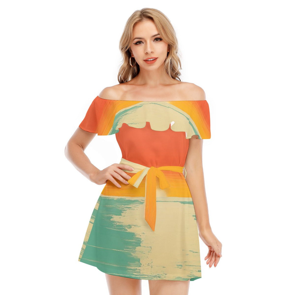All-Over Print Women's Off-shoulder Dress With Ruffle
