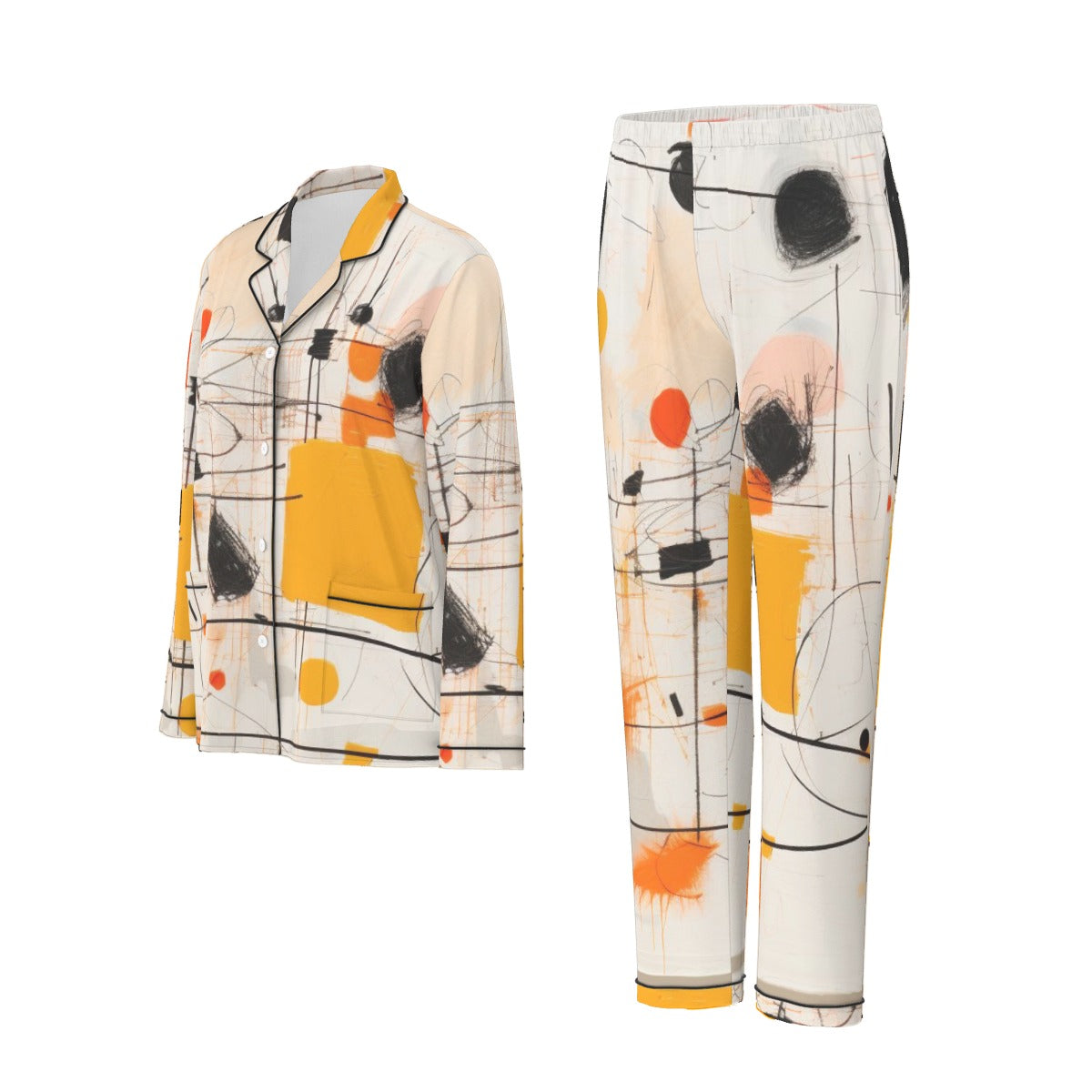 All-Over Print Women's Long Sleeve Pajama Set With Black Contrast Piping