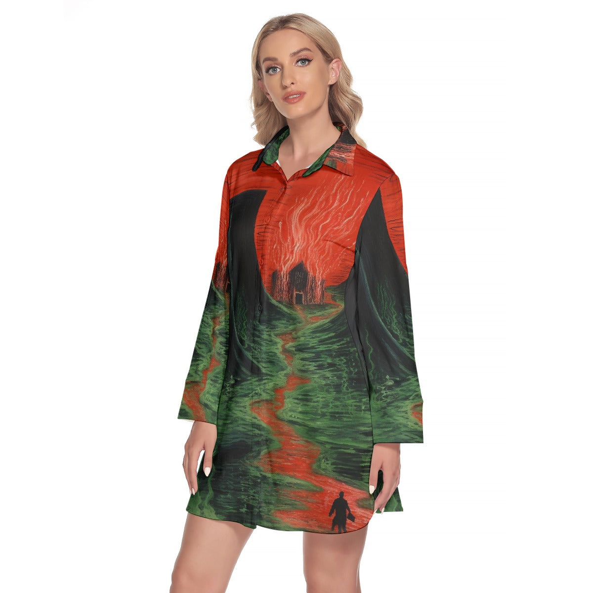 All-Over Print Women's Lapel Shirt Dress With Long Sleeve