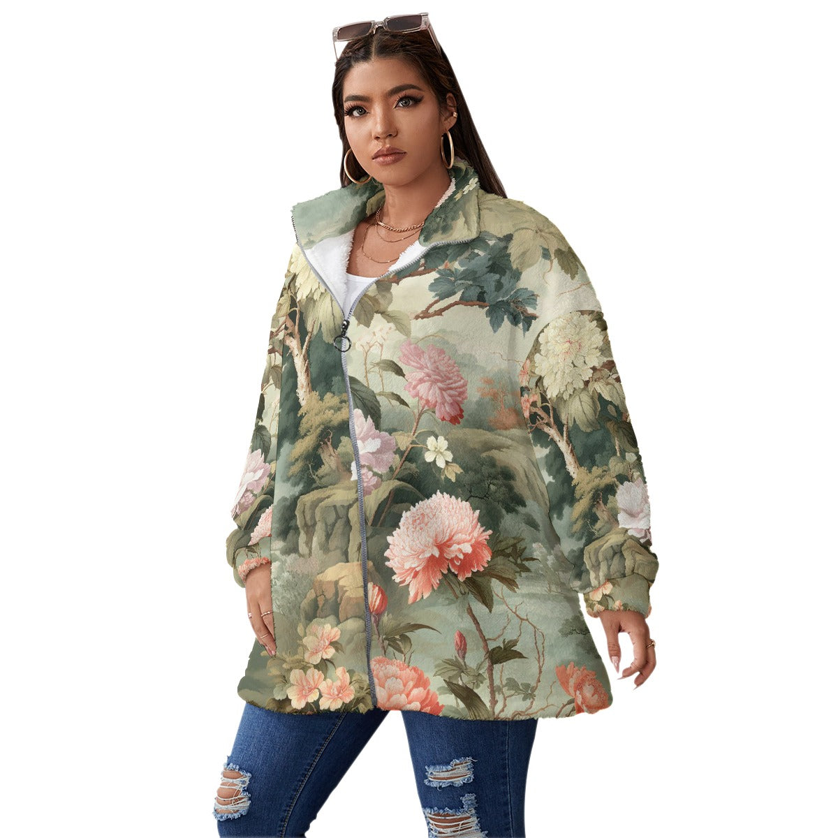 All-Over Print Unisex Borg Fleece Stand-up Collar Coat With Zipper Closure(Plus Size)