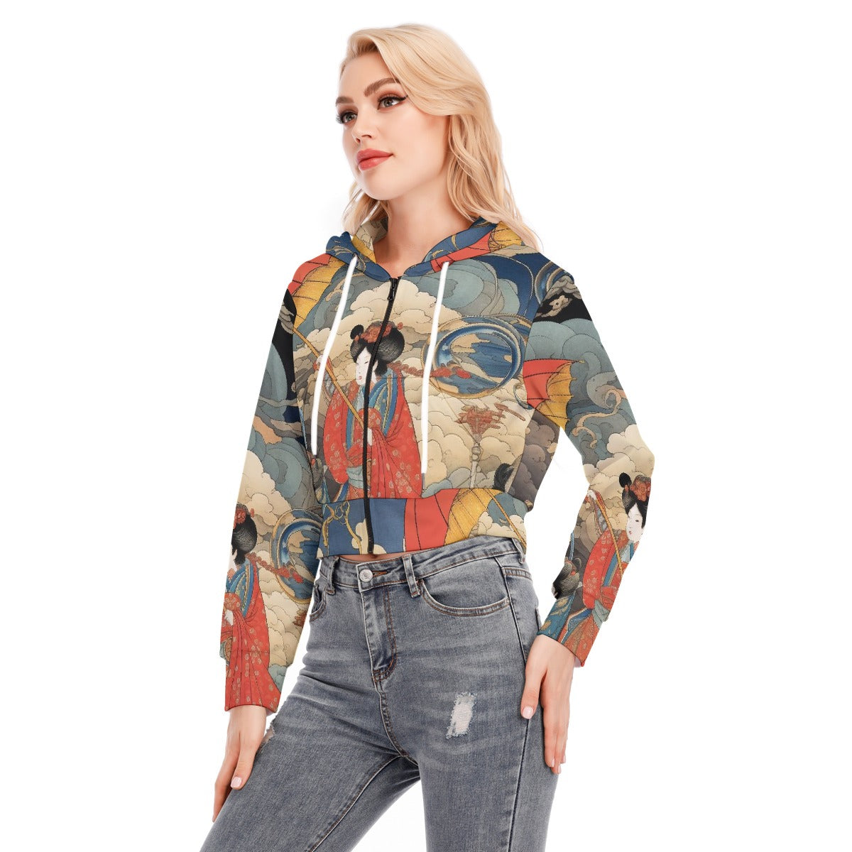 All-Over Print Women's Crop Top Hoodie With Zipper Closure