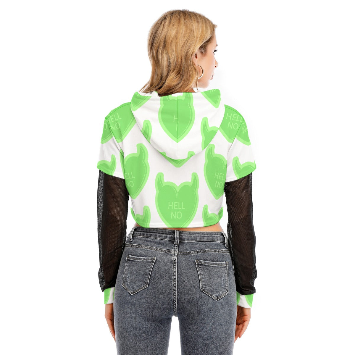 All-Over Print Women's Fake Two-piece Mesh Sleeve Cropped Hoodie