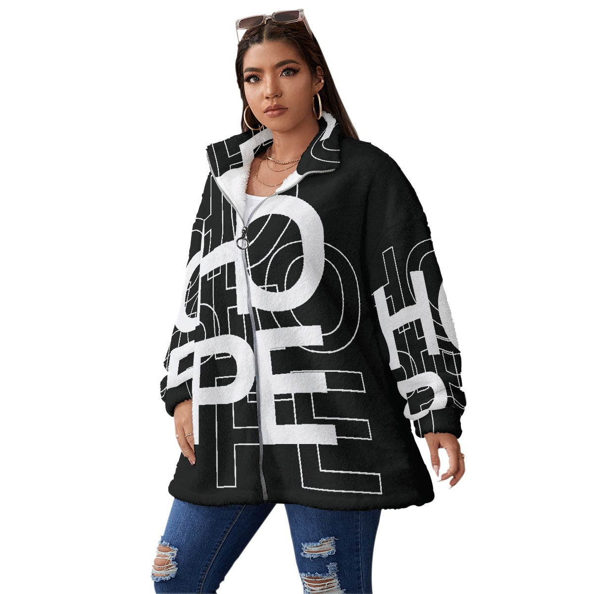 All-Over Print Unisex Borg Fleece Stand-up Collar Coat With Zipper Closure(Plus Size)