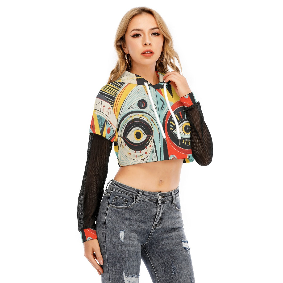 All-Over Print Women's Fake Two-piece Mesh Sleeve Cropped Hoodie