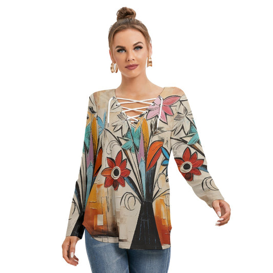All-Over Print Women's Long Sleeve Neckline Tie Sweatshirt