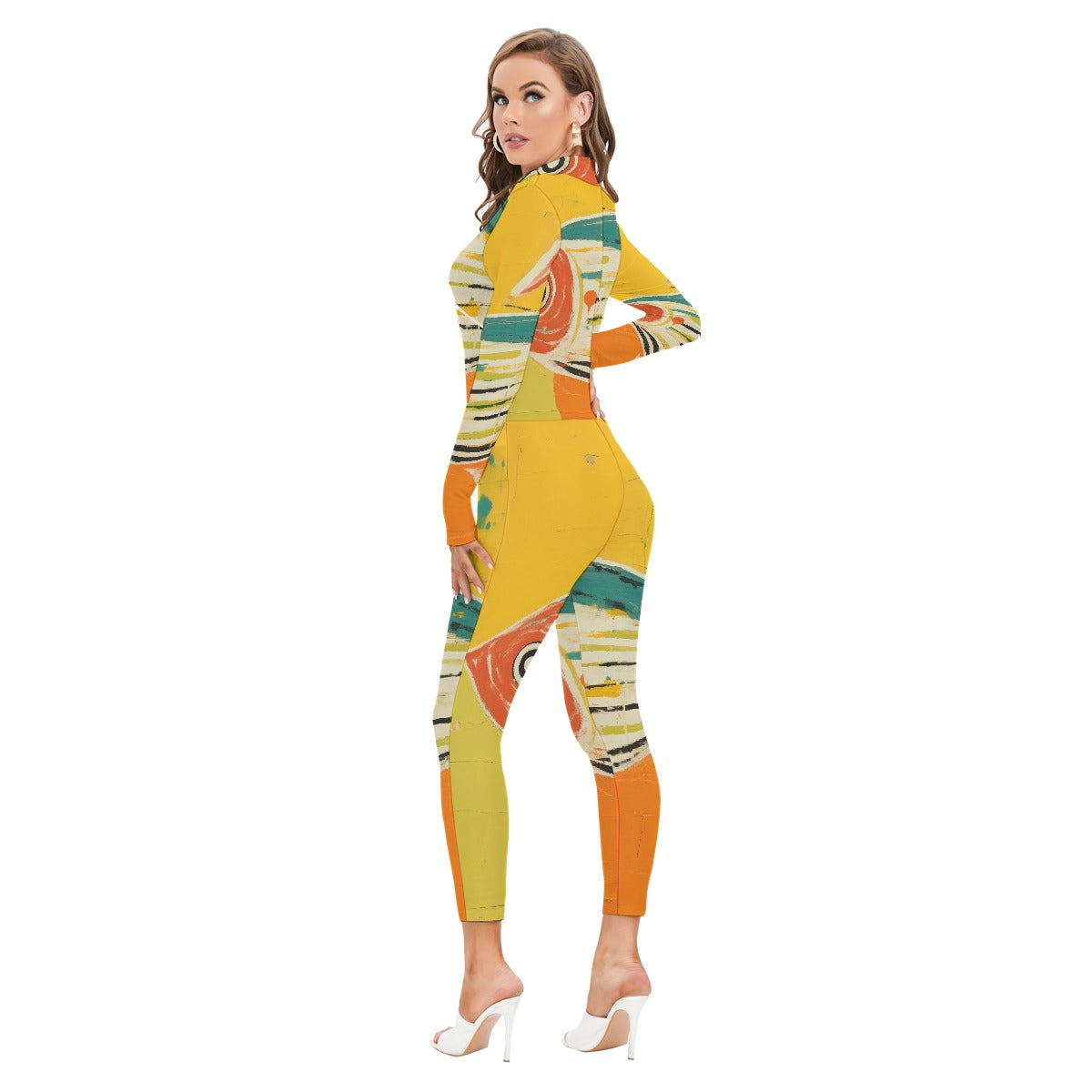 All-Over Print Women's Long-sleeved High-neck Jumpsuit With Zipper