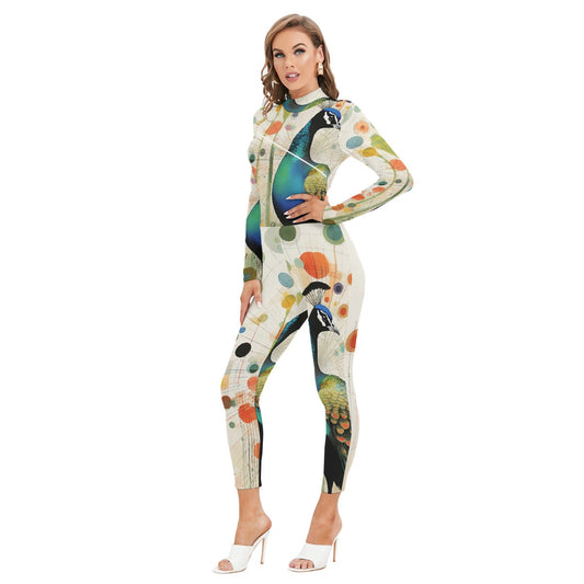 All-Over Print Women's Long-sleeved High-neck Jumpsuit With Zipper