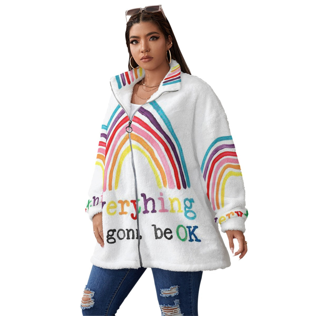 All-Over Print Unisex Borg Fleece Stand-up Collar Coat With Zipper Closure(Plus Size)