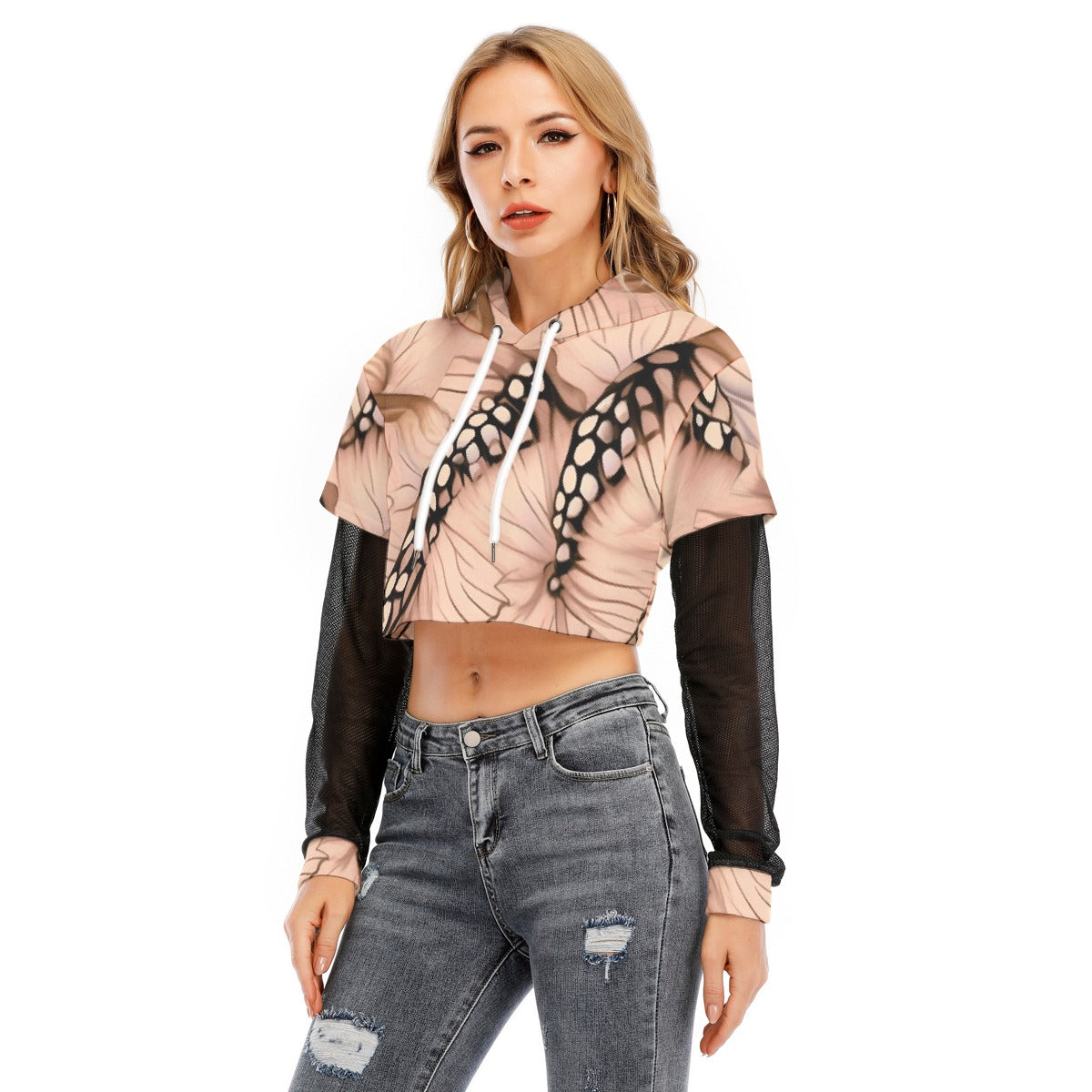 All-Over Print Women's Fake Two-piece Mesh Sleeve Cropped Hoodie