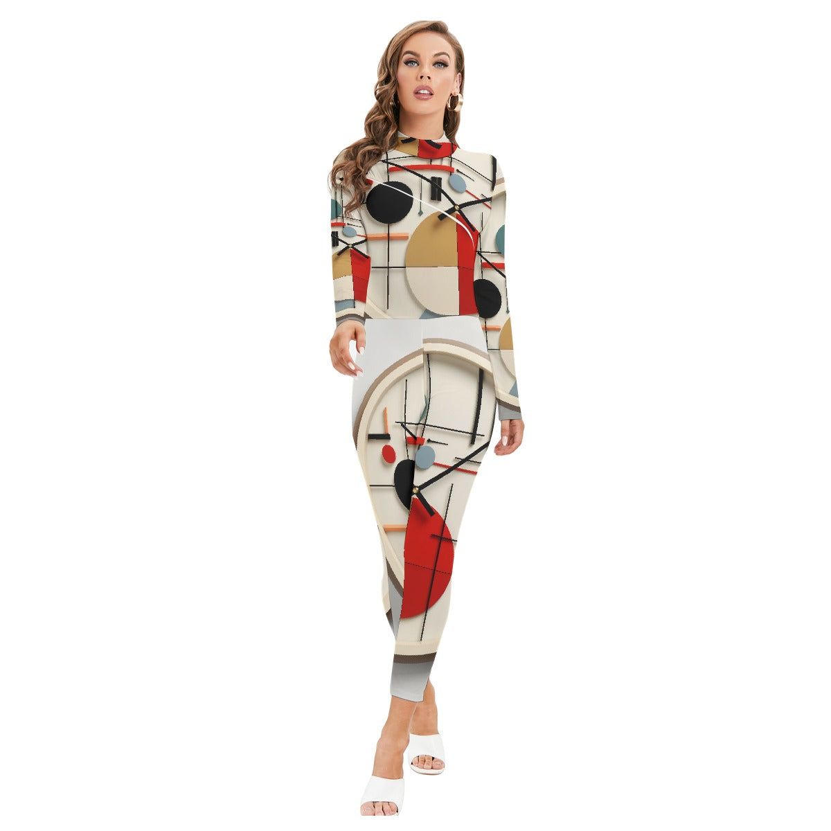 All-Over Print Women's Long-sleeved High-neck Jumpsuit With Zipper