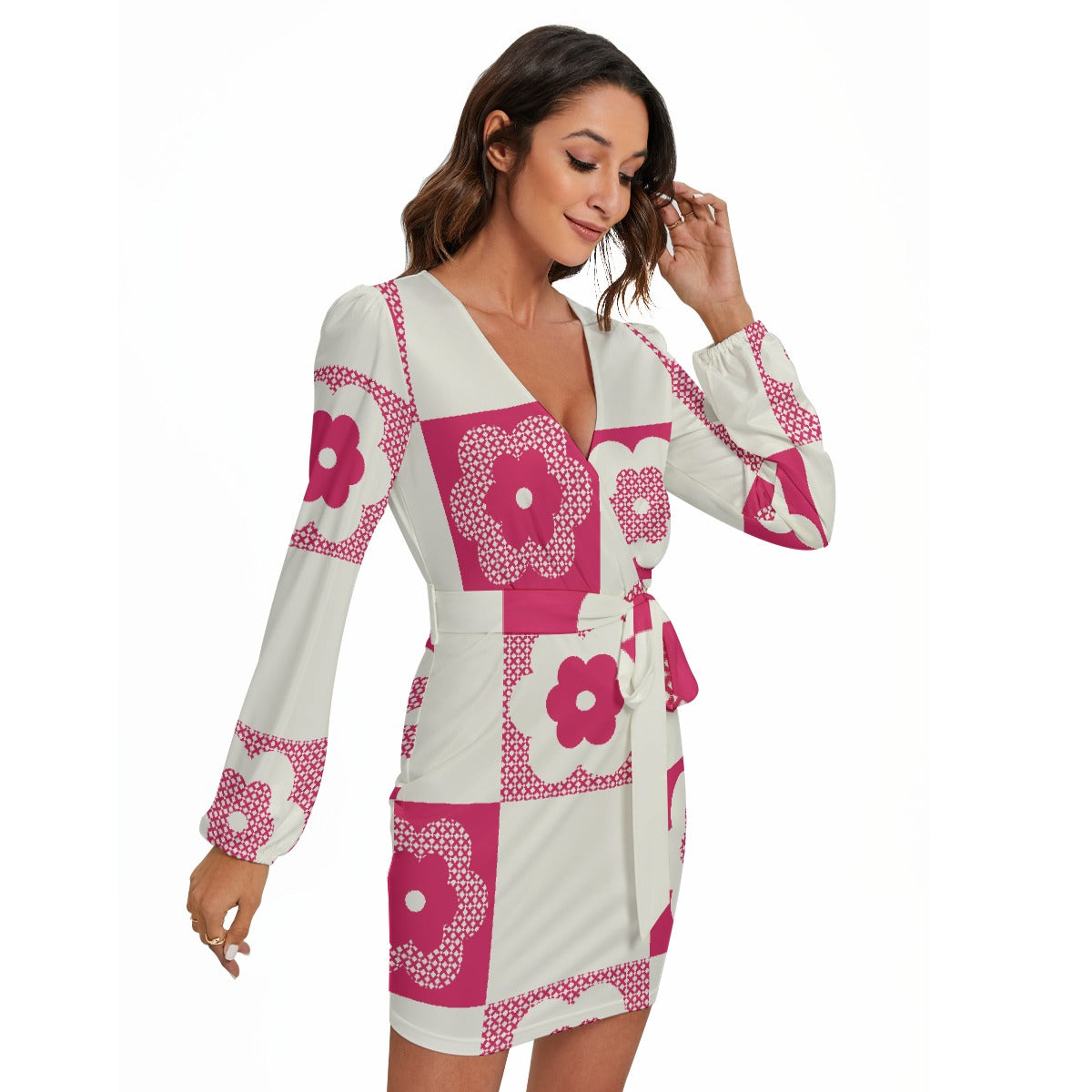 All-Over Print Women's Long Sleeve Dress With Waist Belt